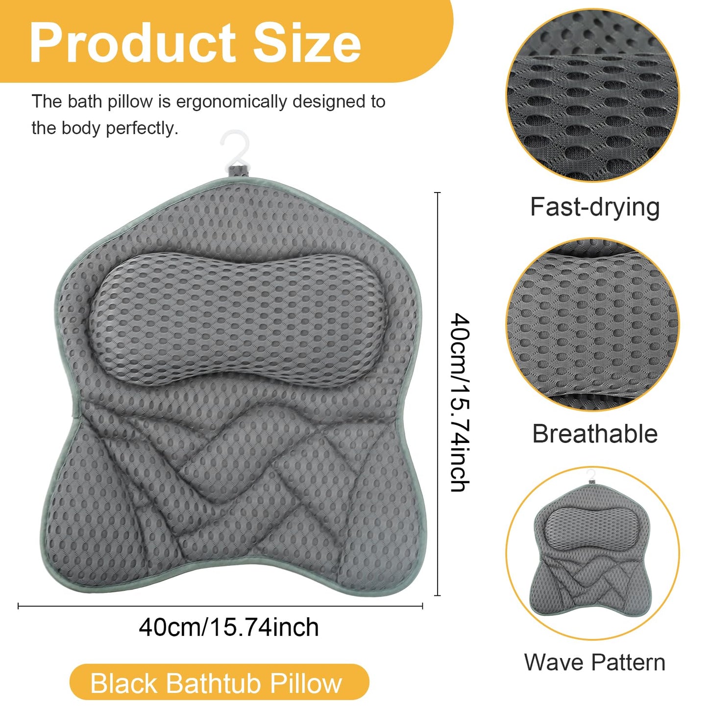 Bath Pillow, 4D Ergonomic Bathtub Spa Pillow Breathable Air Mesh Bathtub with 6 Suction Cup and Hook for Head, Shoulder