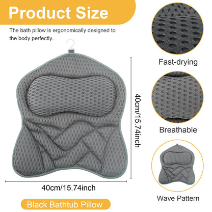 Bath Pillow, 4D Ergonomic Bathtub Spa Pillow Breathable Air Mesh Bathtub with 6 Suction Cup and Hook for Head, Shoulder