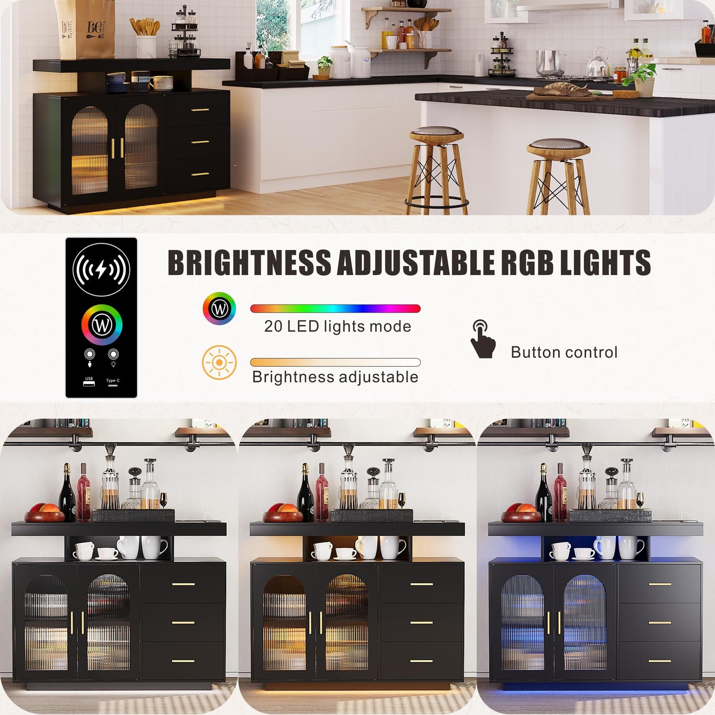 FREDEES Sideboard Buffet Cabinet with 3 Drawers and LED Lights, Black