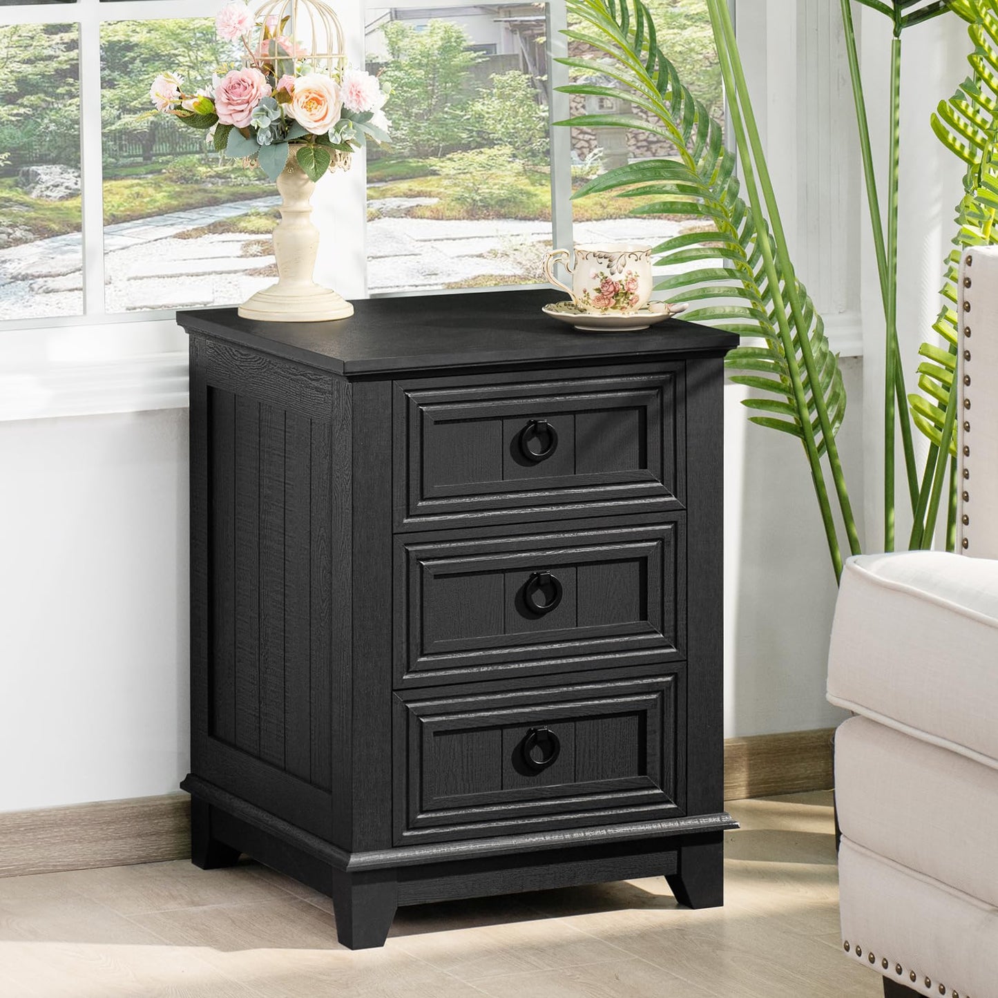 LELELINKY 46 cm Country Style Bedside Table with 3 Drawers, Side Table Chest of Drawers for Bedroom,black Bedside Table, Wooden Bed Side Table with
