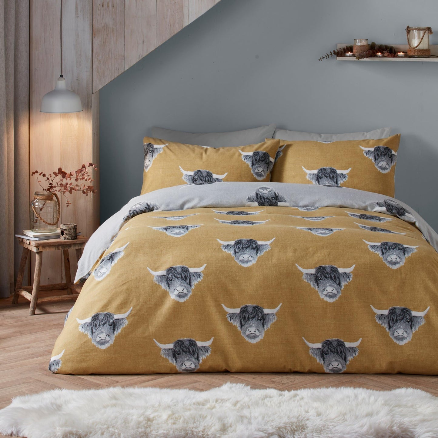 Fusion - Ochre Yellow Highland Cow Duvet Cover - Super King Bedding Size (260 x 220cm) - Reversible Design (Ochre & Grey) - Farm Cow Bedding in