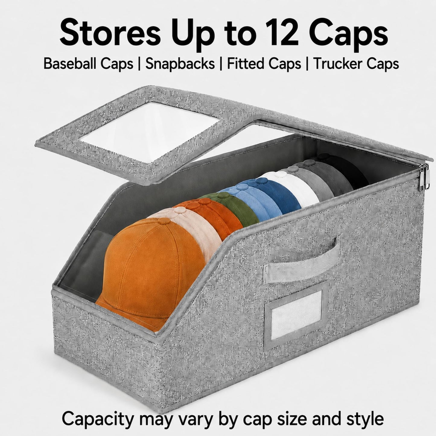 Pancutetoubao Baseball Cap Storage Box for 12 Caps, Stackable Hat Storage Organiser with Clear Window, Dust-Proof Zip Lid, PP Board Support
