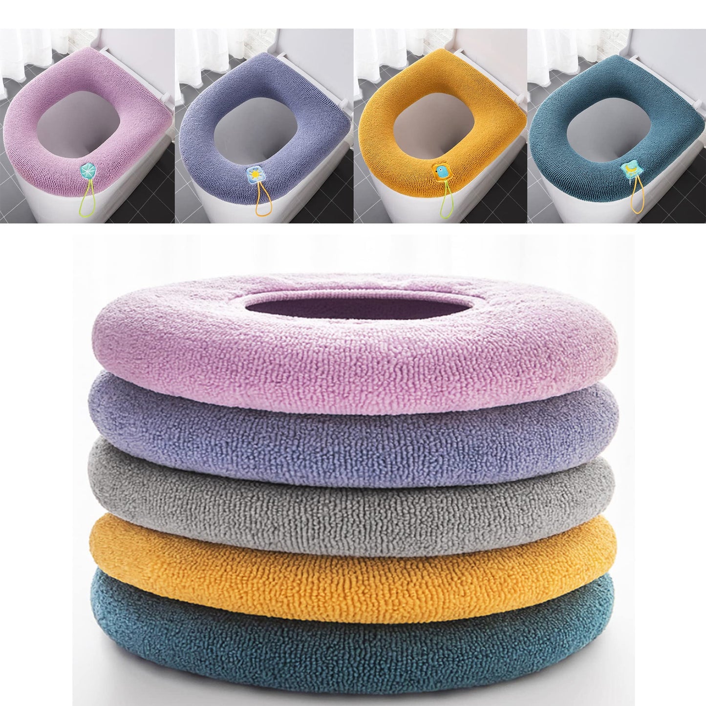 XUBX 5 Pieces Toilet Seat Cover Cushion Pads, Soft & Thicker Stretchable Cover with Handle, Bathroom Warmer Cushion Fits Oval Seats