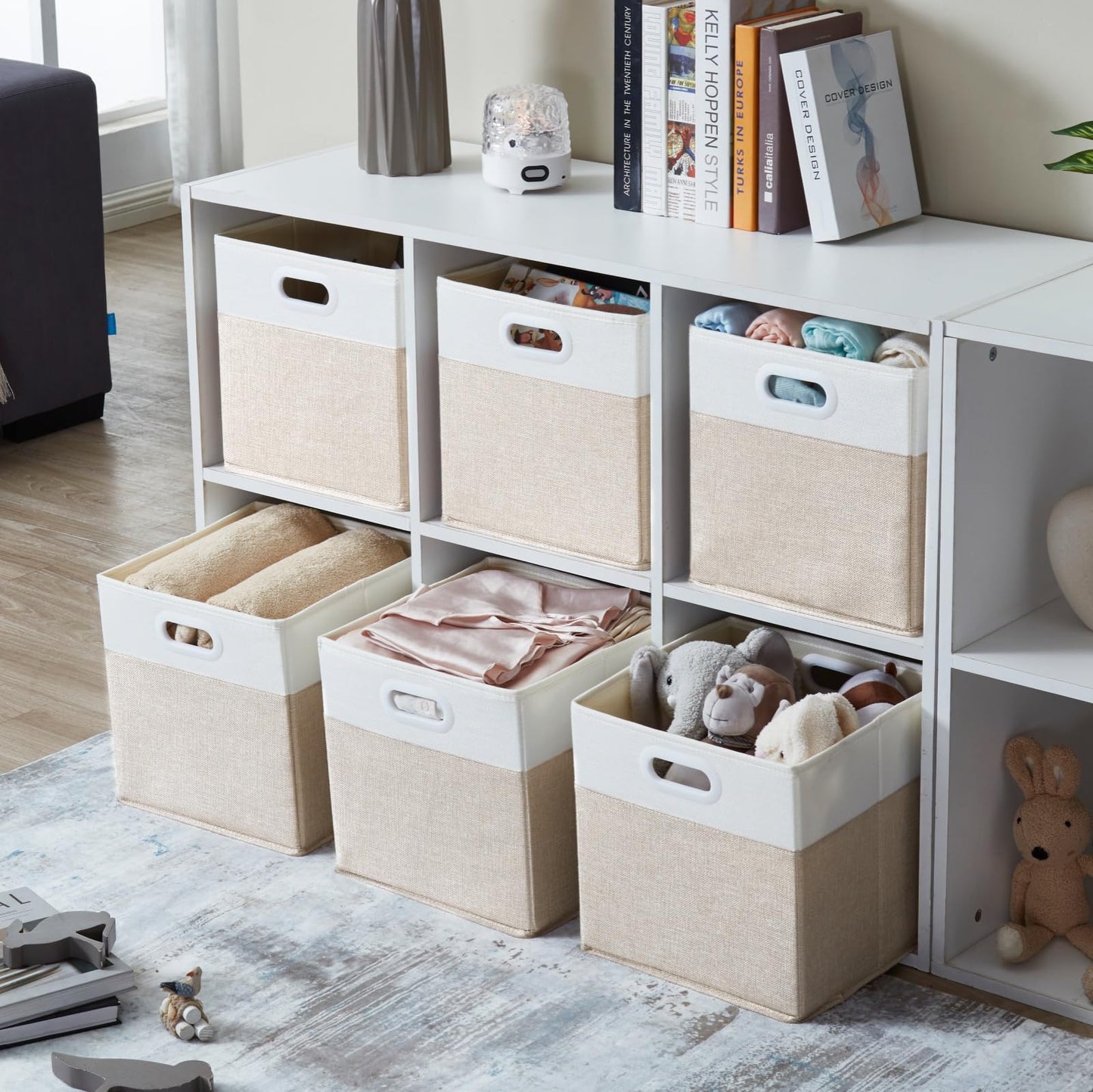 SOCOHOME Fabric Cube Storage Boxes,30x30x30cm Foldable Storage Baskets for Shelf Nursery Closet(Light beige/White, Set of 4)