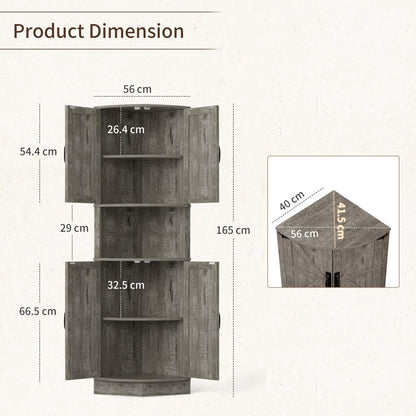 BonVache 165cm Tall Corner Storage Cabinet with Barn Doors, 5-Tier Farmhouse Corner Cabinet for Living Room, 4 Wooden Doors and 5 Shelves