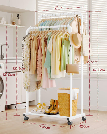 Sakugi Double Rod Clothing Rack Shoe Shelf & Hooks, 73x42x150cm, White