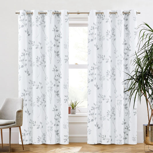 Beauoop Grey Floral Blackout Curtains for Living Room Bedroom 90 Inch Drop Leaf Print Eyelet Curtain Botanical Thermal Insulated Noise Reducing Drapes