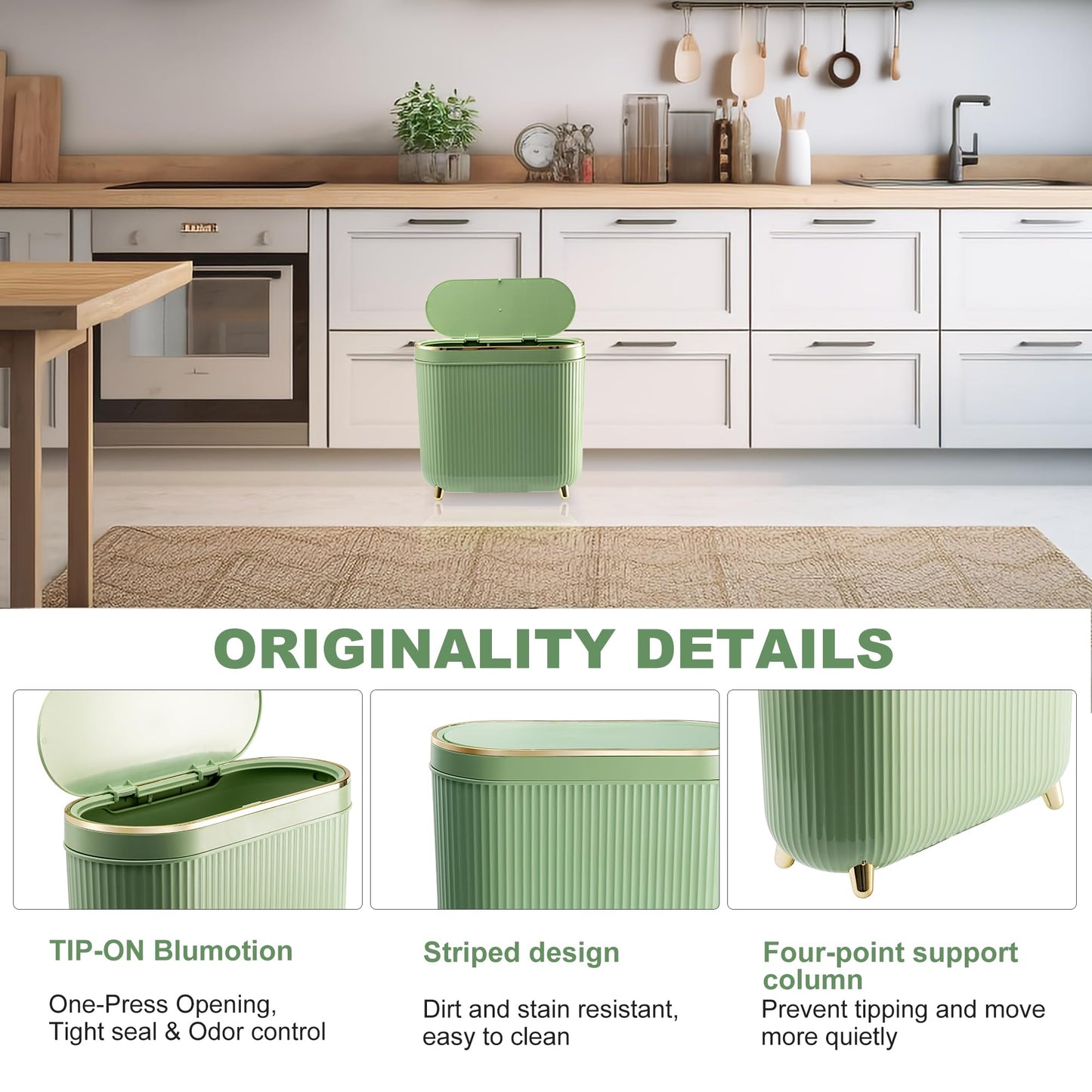 SULIFEEL Bathroom Trash Can with Lid, 3.2 Gallon/12L Green