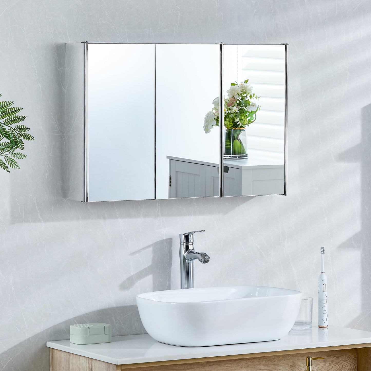 Bath Vida Tiano Triple-Mirror Bathroom Cabinet Wall-Mounted Stainless Steel Modern Storage Cupboard (No Assembly Required)