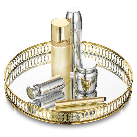 Nuptio Gold Mirror Perfume Tray: Decorative Table Trays Glass Vanity Organiser Metal Round Mirrored Vintage Makeup Tray for Jewellery Serving Bedroom