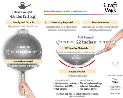 Craft Wok Traditional Hand Hammered Carbon Steel Pow Wok with Wooden and Steel Helper Handle (14 Inch, Round Bottom)/731W88