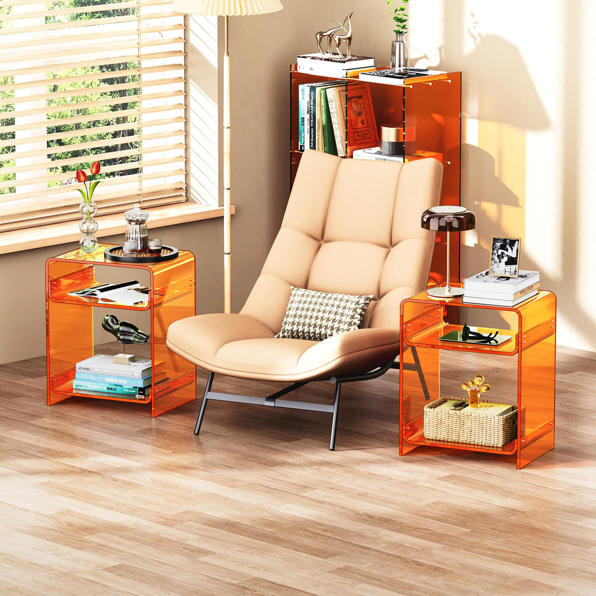 Acrylic End Table with Storage Shelf, Clear Side Table, Record Player Table, Nightstand, 15.7x19.7x11.8 (Orange, 40×30×50 cm)