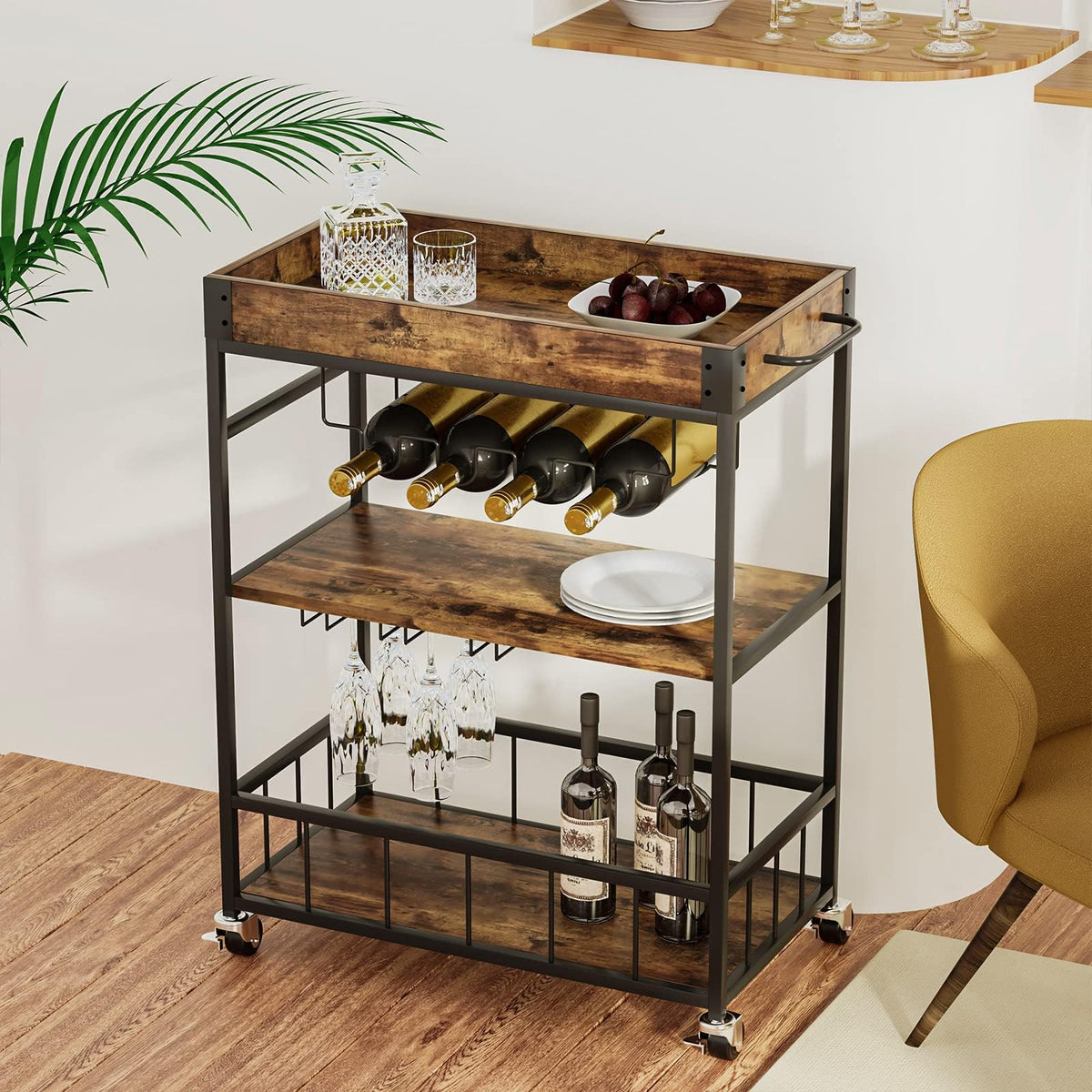 Bar Cart, 3 Tier Serving Trolley, Rolling Wine Trolley, Drinks Trolley