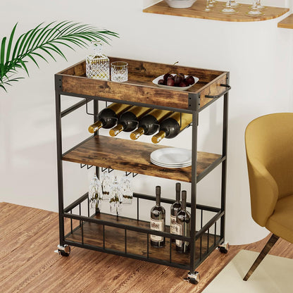 Huhote Serving Trolley, Kitchen Trolley, Bar Cart with Wheels, Wine Cart with Bottle Holder, 3 Tier Drinks Trolley for Living Room, Dining Room