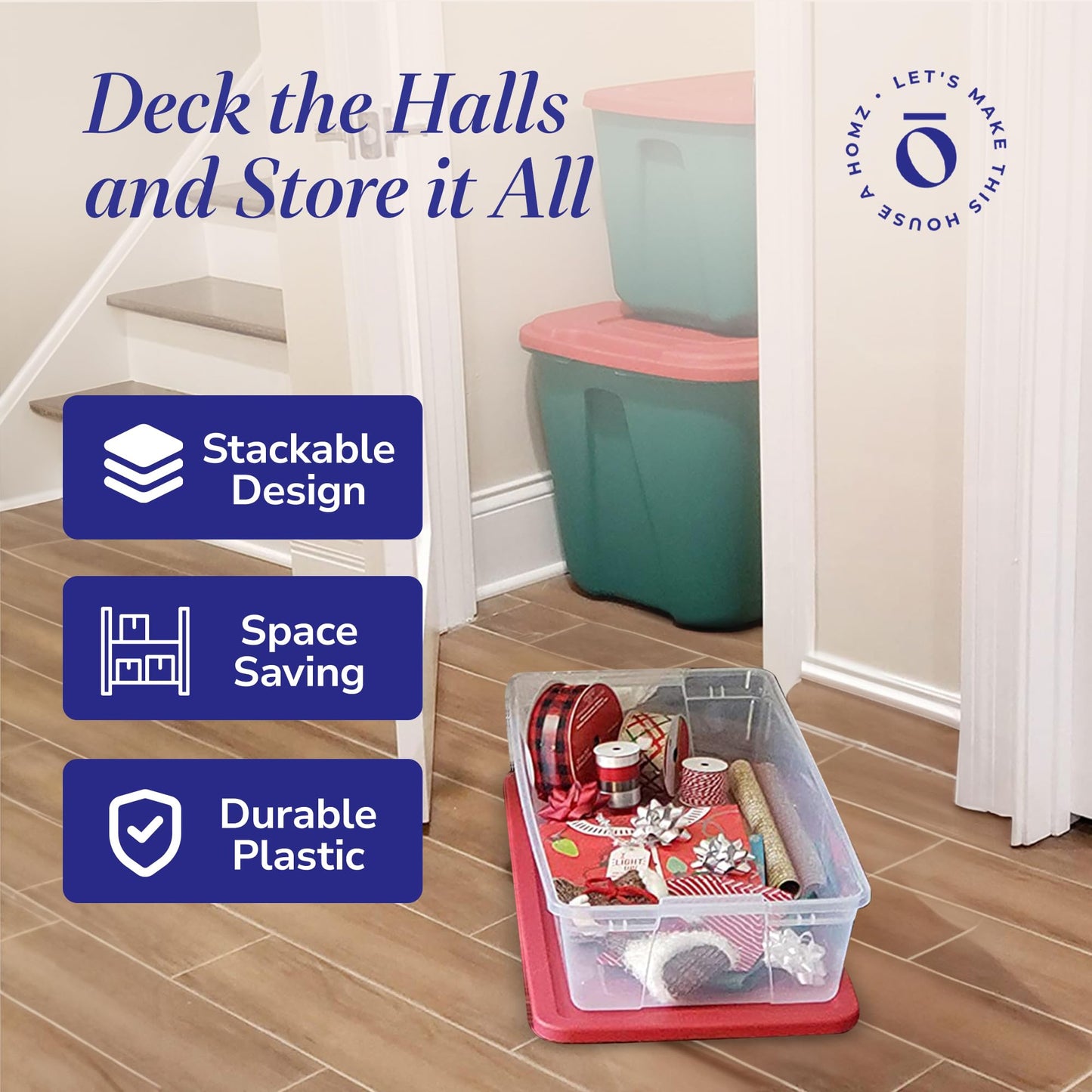 Homz Holiday Plastic Storage Bins, Resin, Getaway Solids, 41 Quart-34.38" x 15.5" x 6"