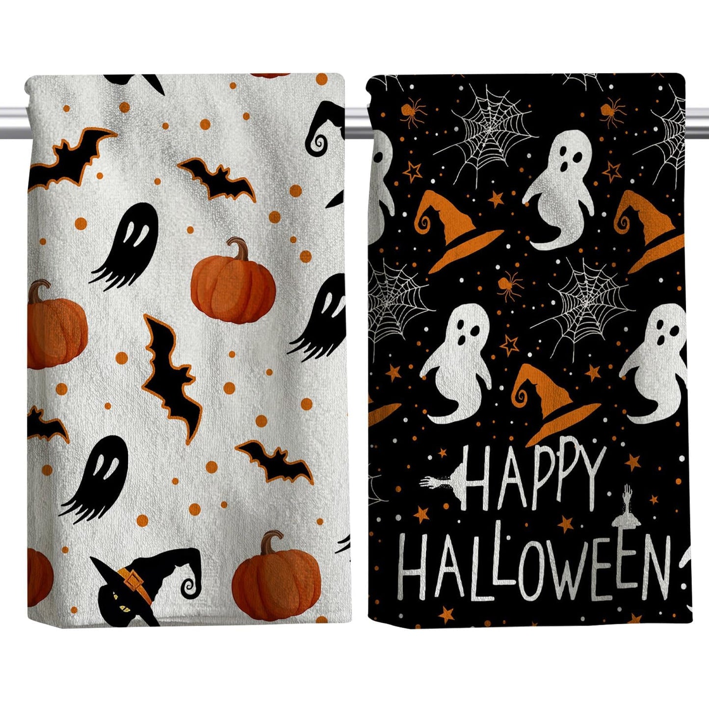 HINGTAI 2Pcs Towel Halloween Scary Ghost Pumpkin Hand Towel Drying Cloth for Kitchen Home, Living Room Dining Room Table Decor 18x26 Inch