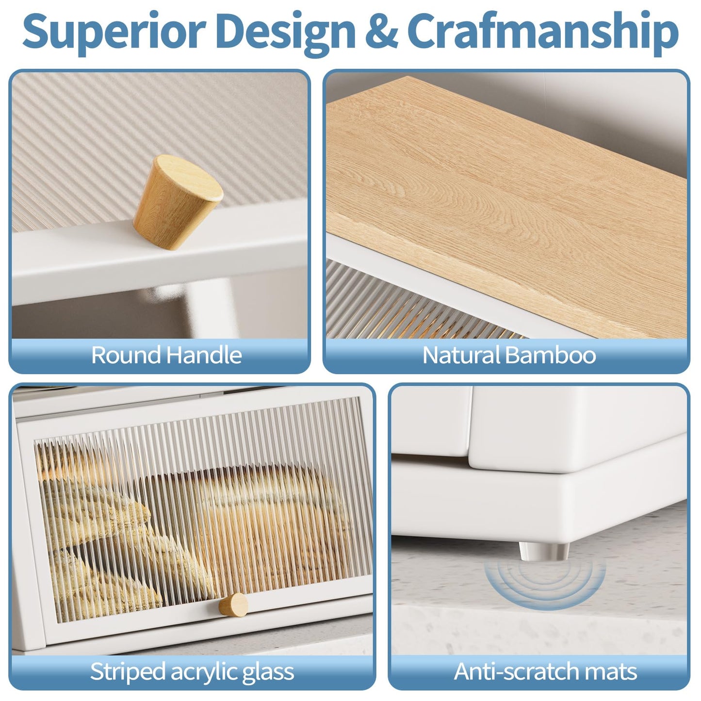 Urackify Bread Bins for Kitchen, Two-Layer Large Bread Box, White Bread Bin with Striped Window Door Panel, Bread Storage with Wood Handle, kitchen