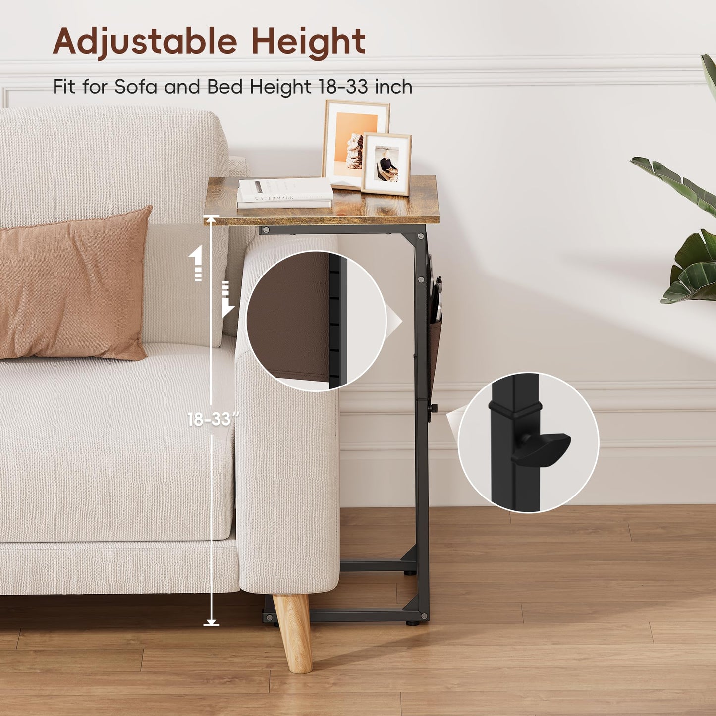 Vagusicc C-Shaped Side Table, Height Adjustable Sofa Side Table, Bedside Table with Cloth Storage Bag, C Tables End Table for Small Spaces