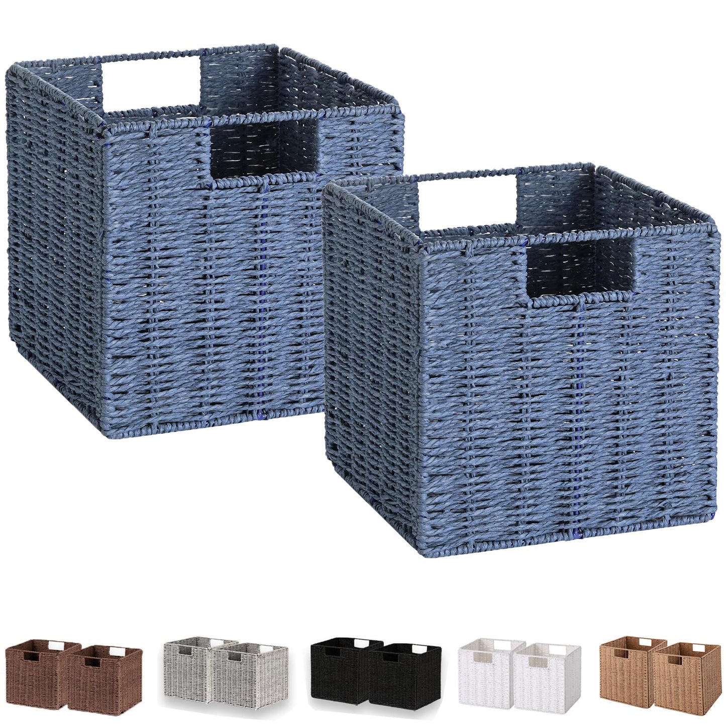 Vagusicc Wicker Storage Basket, Set of 2 Handwoven Paper Rope Collapsible Woven Baskets, 9'' x 9'' x 9'' Cube Storage Bins with Handle