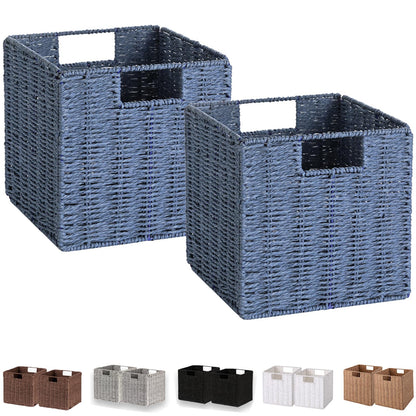 Vagusicc Wicker Storage Basket, Set of 2 Handwoven Paper Rope Collapsible Woven Baskets, 9'' x 9'' x 9'' Cube Storage Bins with Handle