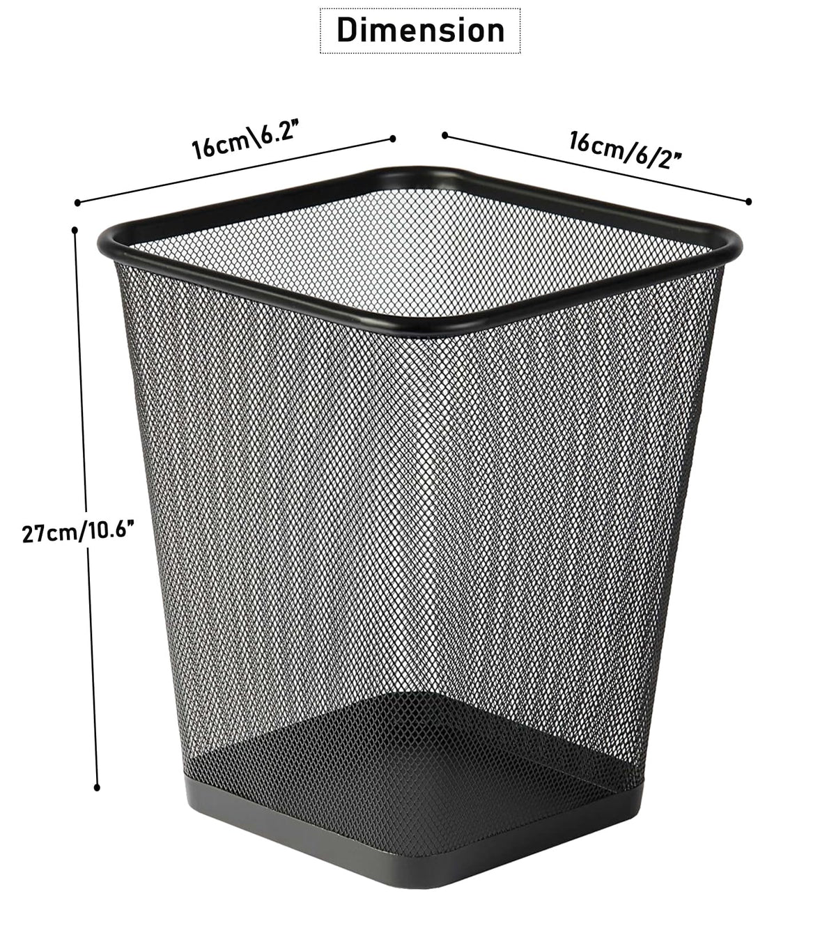 Best House Metal Mesh Square Bin - 9 Litre Black Wire Waste Basket - Lightweight and Sturdy Paper Bin for Kitchen, Home Office, Living Room, Bedroom