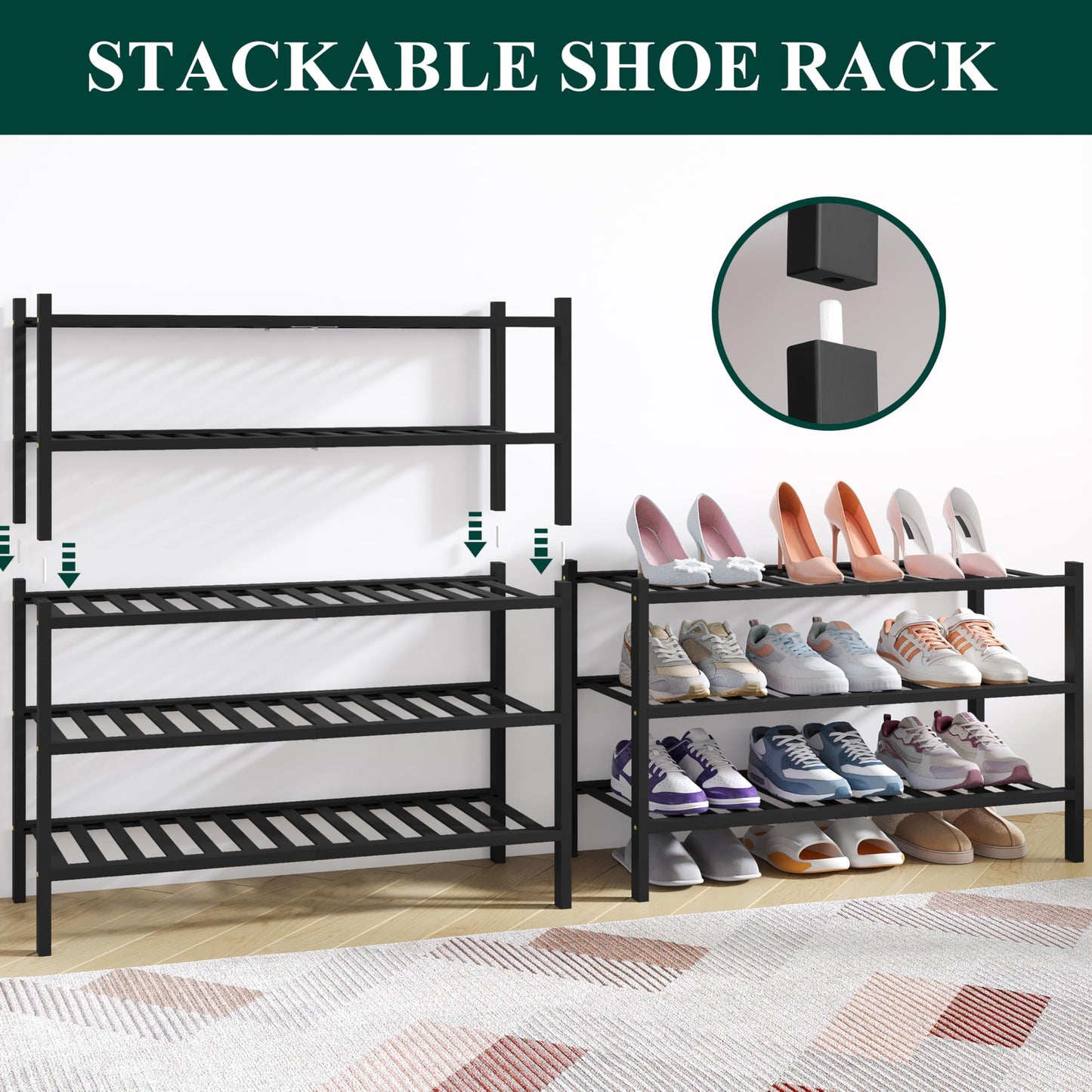 smiry Natural Bamboo Shoe Rack, 3 Tier Wooden Stackable Shoe Storage Organiser, Free Standing Shoes Storage Shelf for Entryway, Hallway, Small Spaces