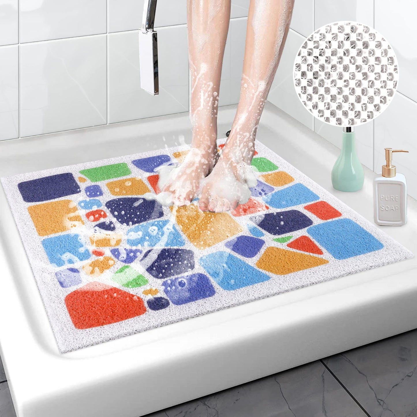 Square Shower Mat Non Slip Anti Mould, 60 x 60 cm Loofah Shower Mats for Inside Shower, Soft PVC Square Bath Mat with Drain for Elderly, Washable