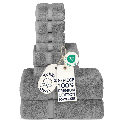 Chakir Turkish Linens | Hotel & Spa Quality 100% Cotton Premium Turkish Towels | Soft & Absorbent (8-Piece Towel Sets, Gray)