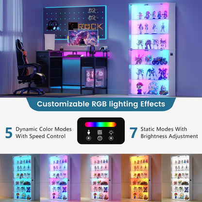 FREDEES Display Cabinet with Glass Doors and RGB Light, 6-Tier, White