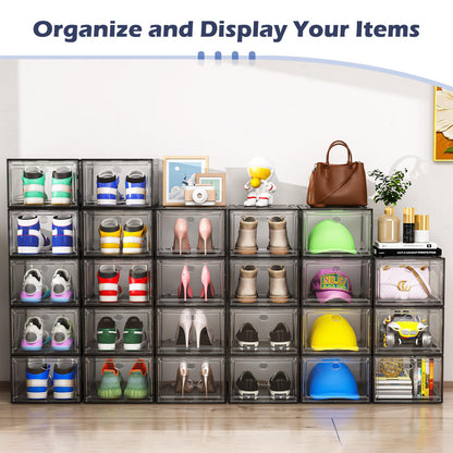 TidyTrove Shoe Storage Box, 9 Pcs Shoe Box Clear Plastic Stackable, Sturdy Foldable Shoe Organizer Containers with Magnetic Door for Women/Men, Black