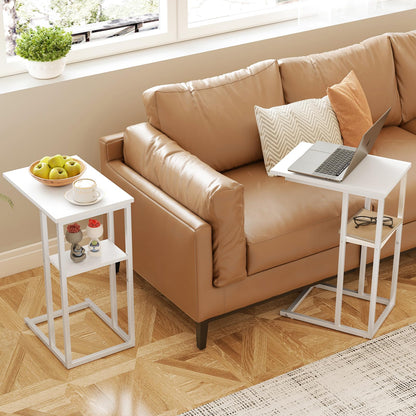 Yusong C Shaped End Table, Side Tables Slide Under Sofa Couch Bed, Small TV Tray Bedside Table for Small Spaces, Living Room, Bedroom, White