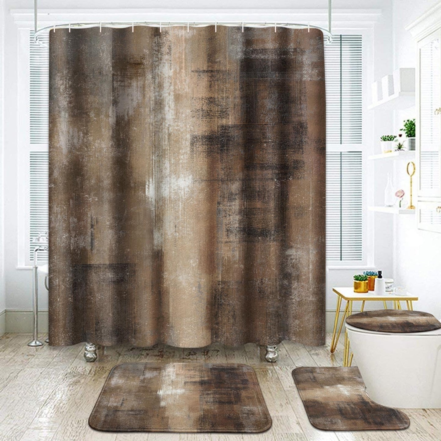 ArtSocket Burnt Brown Grey Bathroom Set with Shower Curtain and Rugs Accessory, Abstract Painting Modern Abstract Shower Curtain for Bathroom Decor 4