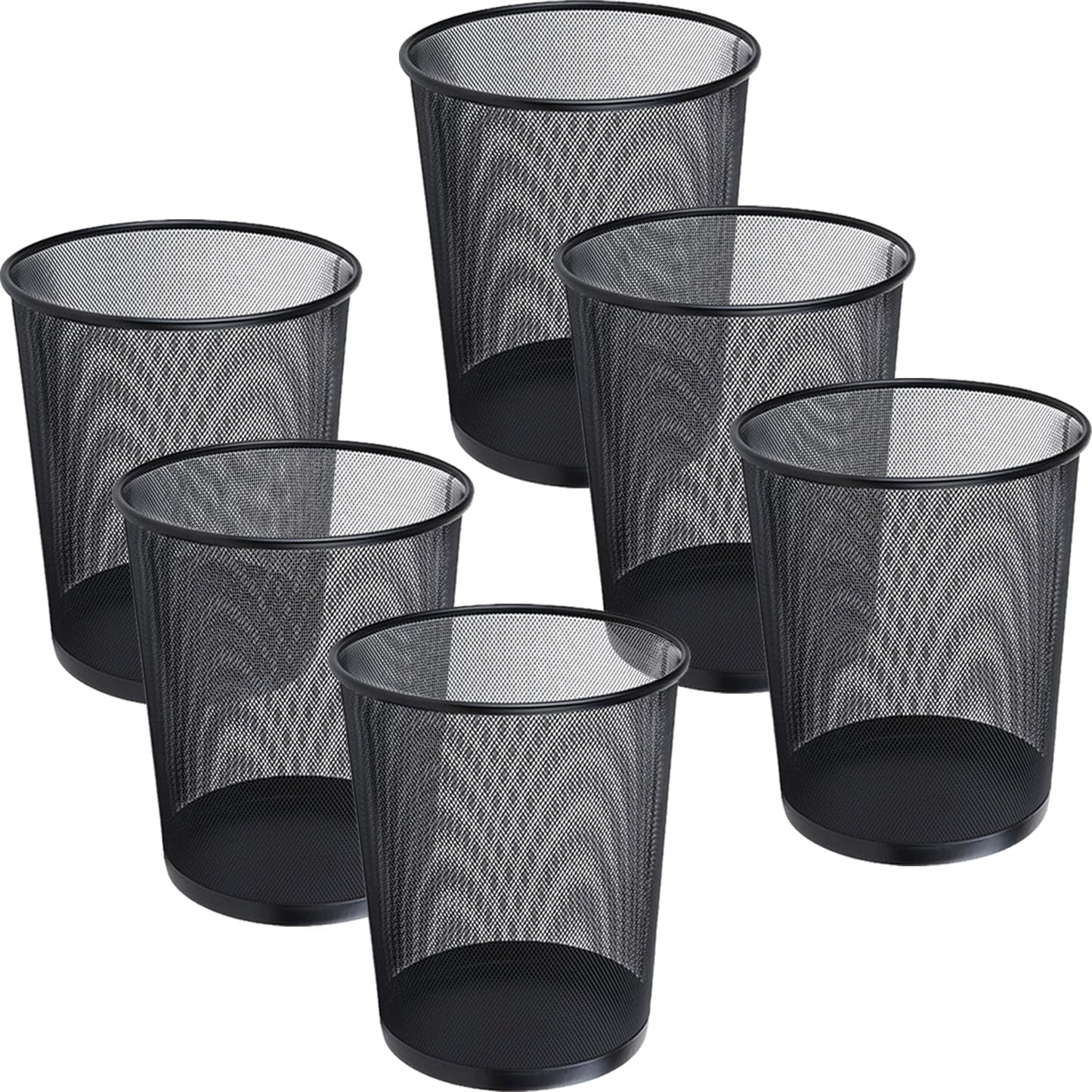 WYIPOLZI Small Office Bin 6 Pack, Metal Mesh Waste Paper Basket 12L, Black Round Wastebasket for Kitchen, Bathroom, Bedroom
