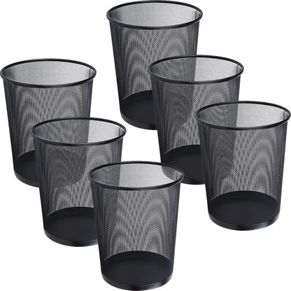 WYIPOLZI Small Office Bin 6 Pack, Metal Mesh Waste Paper Basket 12L, Black Round Wastebasket for Kitchen, Bathroom, Bedroom