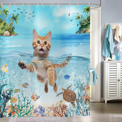 Hnmdmyi Funny Cat Shower Curtain 180x200, Cute Kitten Swimming in Blue Ocean Sea Turtle Tropical Fish Starfish Coral Kids Bathroom Shower Curtains
