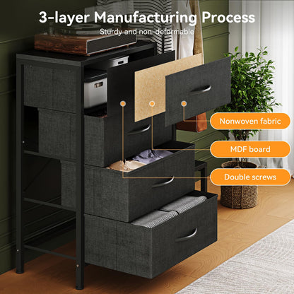 ODK 3 in 1 Chest of Drawers Bedroom, 4 Fabric Drawers, Black, 30x75.5x120cm