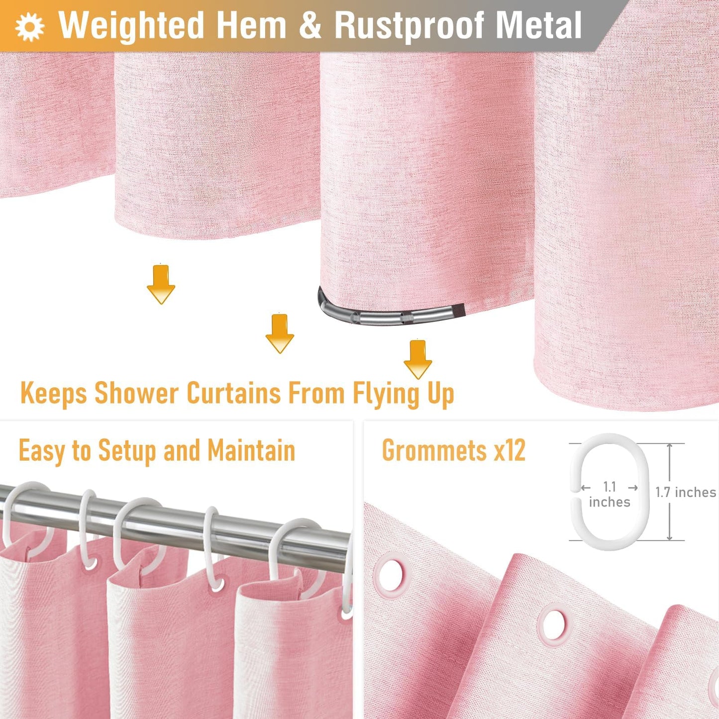 BTTN Extra Long Linen Look Shower Curtain, Waterproof, 182x244cm, Pink