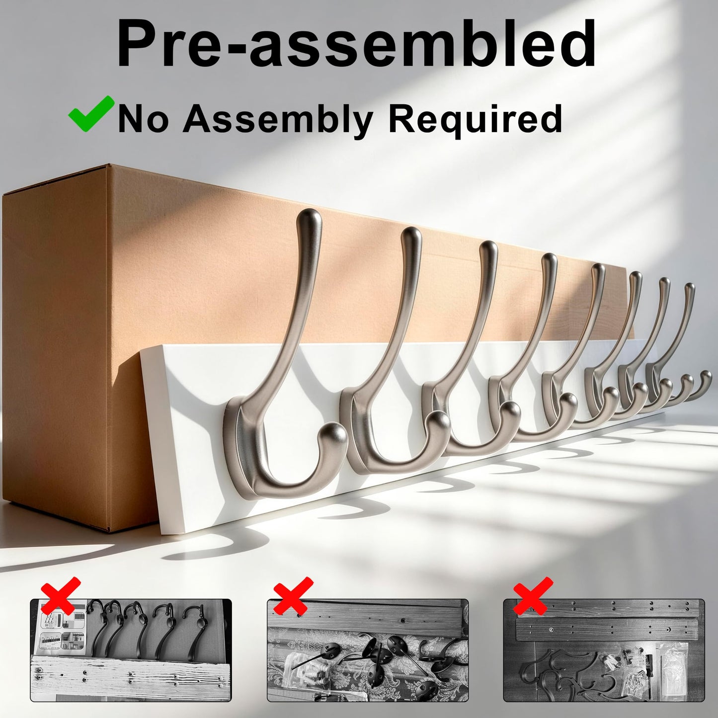 HONSKY Wall Coat Rack - 8 Double Hooks (56cm) | Wooden & Metal Towel/Coat Hanger for Entryway, Bathroom, Bedroom, Garage | Easy Install