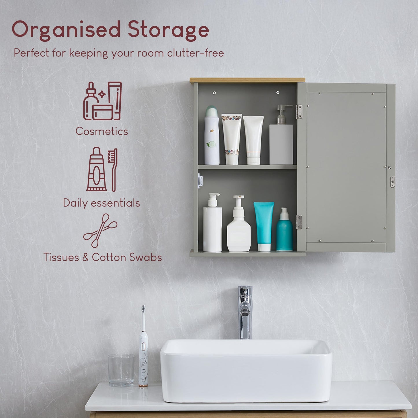 Bath Vida Priano Bathroom Cabinet Single Mirrored Door Wall Mounted, Grey & Oak