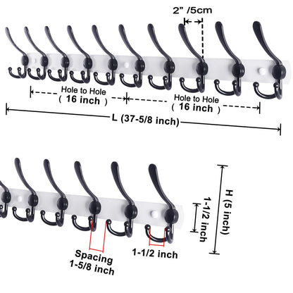 Dseap Wall Mounted Coat Rack - 96cm Long 10 Tri Hooks, Heavy Duty Stainless Steel Metal Coat Hanger Rail Wall Hooks for Coats Hats Clothing Clothes