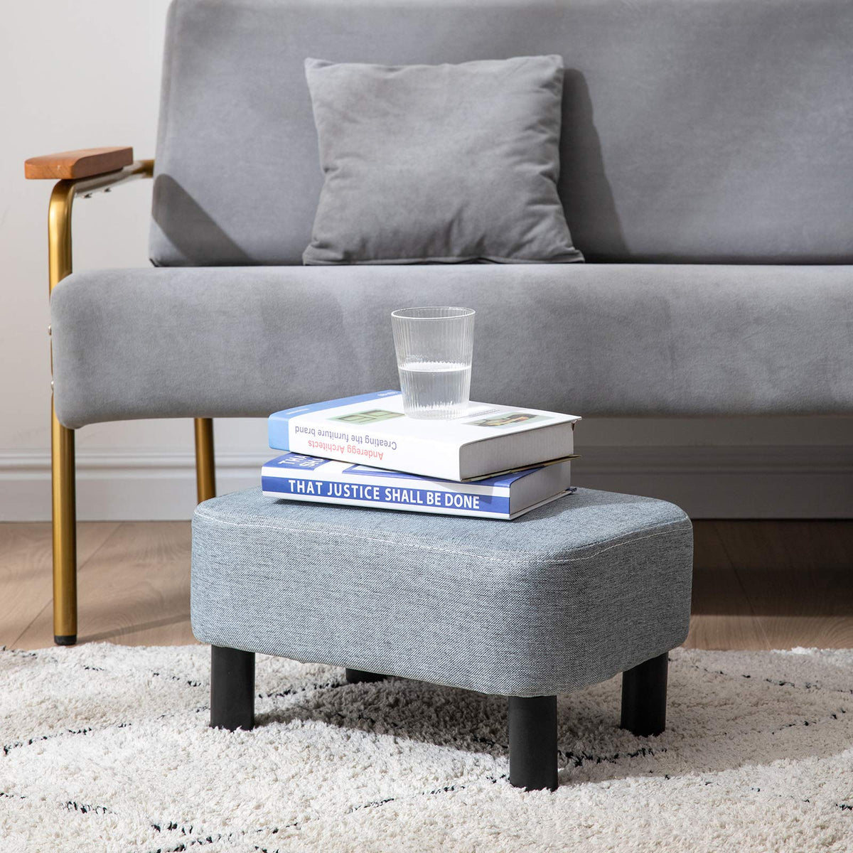IBUYKE Small Footstool, Linen Fabric Pouf, Rectangle Ottoman with Padded Seat Pine Wood Legs and Padded