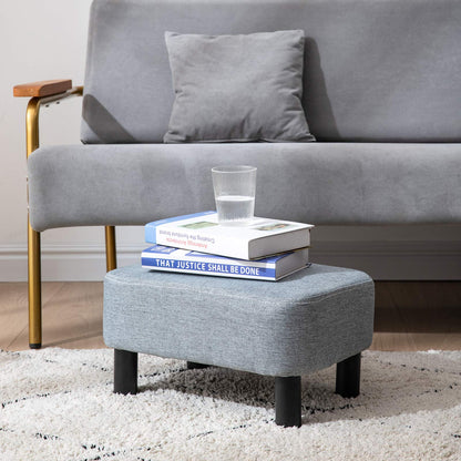 IBUYKE Small Footstool, Linen Fabric Pouf, Rectangle Ottoman with Padded Seat Pine Wood Legs and Padded