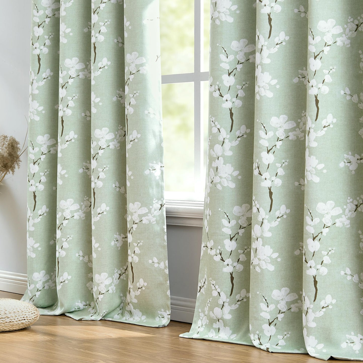 Fmfunctex Green Floral Blackout Curtains for Bedroom 90 inch Drop Eyelet Curtains for Living Room Nursary Blossom Thermal Insulated Window Curtain