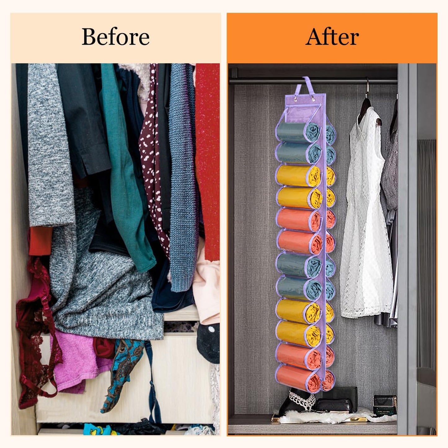 Lirex Hanging Yoga Legging Storage Organizer with 24 Pockets, Foldable Oxford Cloth Hanging Closet Organizer Shirts Jeans Storage Hanger Socks Holder