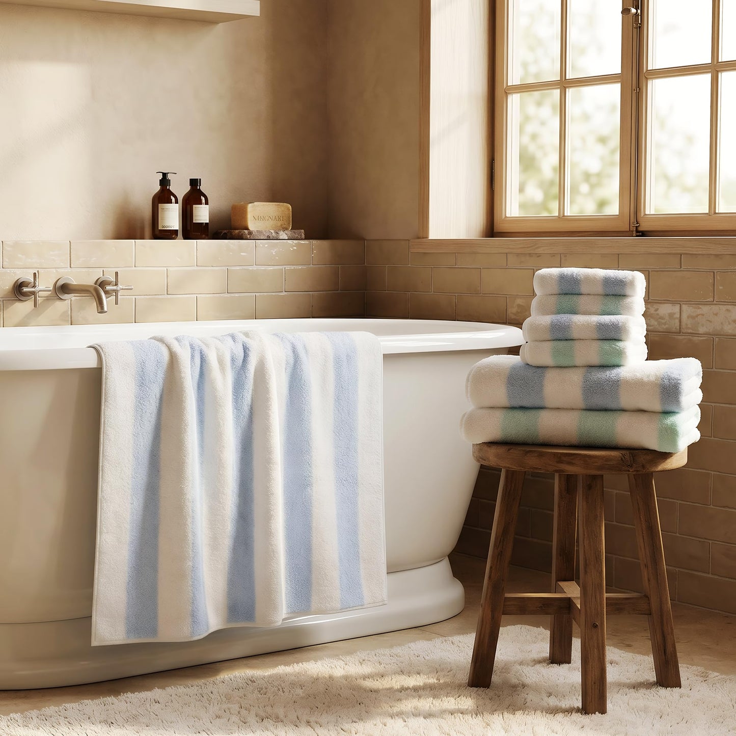 Vie TRIOMPHE Luxury Striped Bath Towel Set of 6 100% Long Staple Cotton Zero Twist Soft Lightweight Absorbent Quick Dry Blue Green