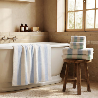 Vie TRIOMPHE Luxury Striped Bath Towel Set of 6 100% Long Staple Cotton Zero Twist Soft Lightweight Absorbent Quick Dry Blue Green