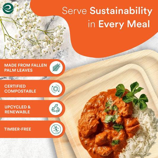 ECO SOUL 100 Palm Leaf Square Plates | 50 Large Dinner Plates, 50 Small Appetizer Plates | Compostable Bamboo-Like Disposable Tableware for Party,