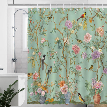 Avezano Bird Shower Curtain Bird Floral Green Bathroom Shower Curtain Spring Aesthetic Waterproof Fabric Shower Curtains Bathtub Decor with 12 Hooks