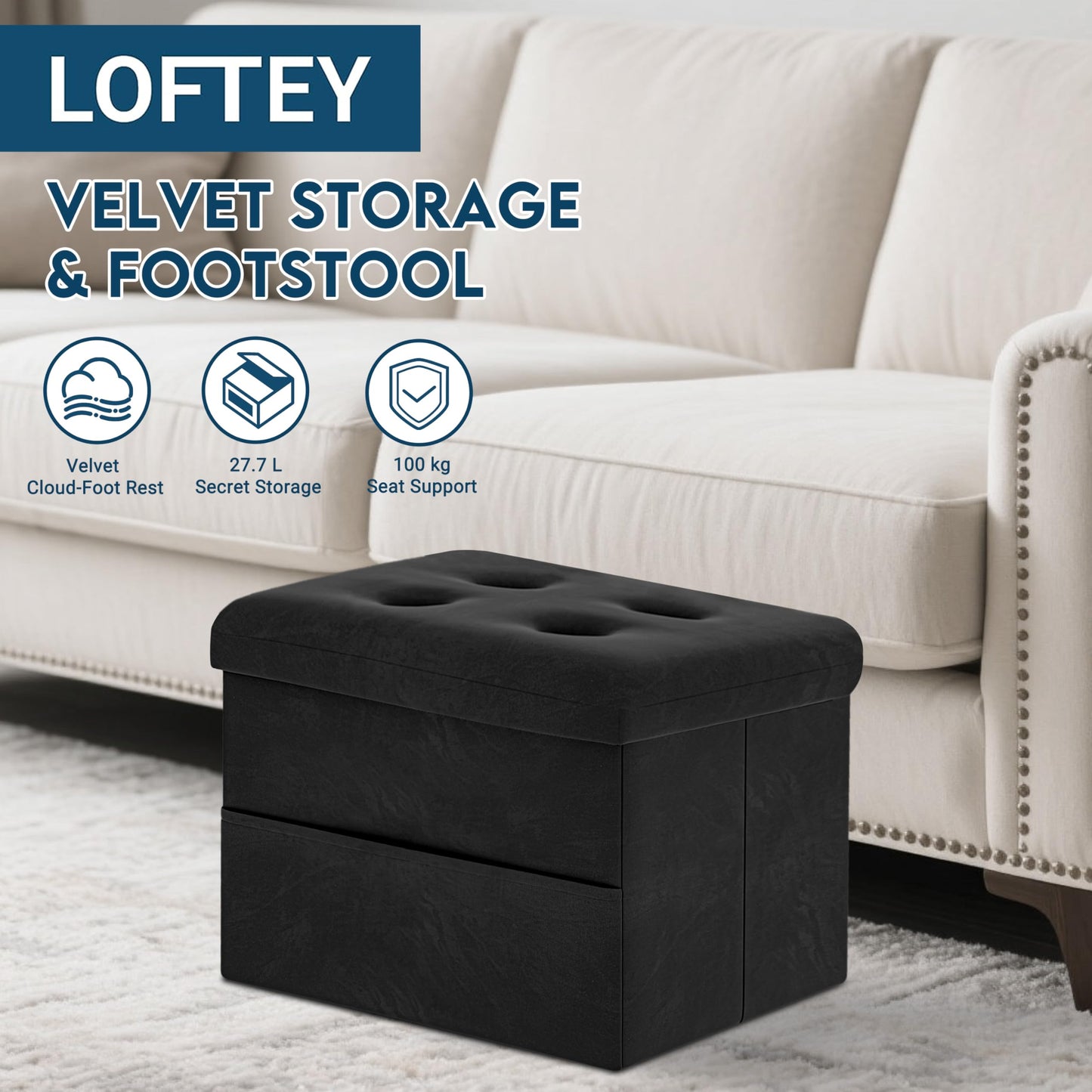 LOFTEY Small Ottoman Storage Box, Foldable Foot Stool with Lid, Black
