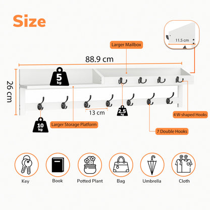 AMBIRD 89cm Wall-Mounted Coat Rack, Extra Long Coat Hooks, Entryway Shelf with 7 Dual and 4 Key Hooks, Mail Organiser, Wooden Wall Coat Rack